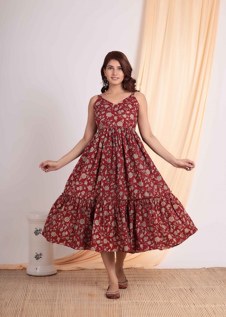 MAHROON PRINTED COTTON DRESS