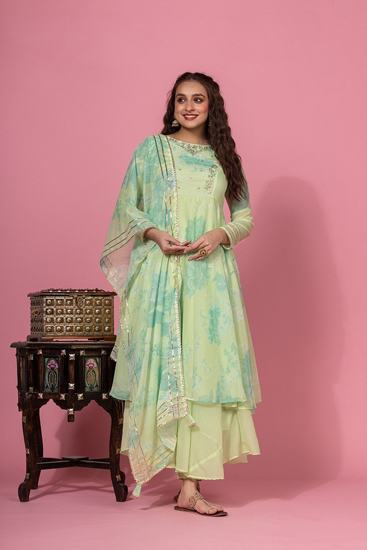 FLORAL GREEN PRINTED ANARKALI SET