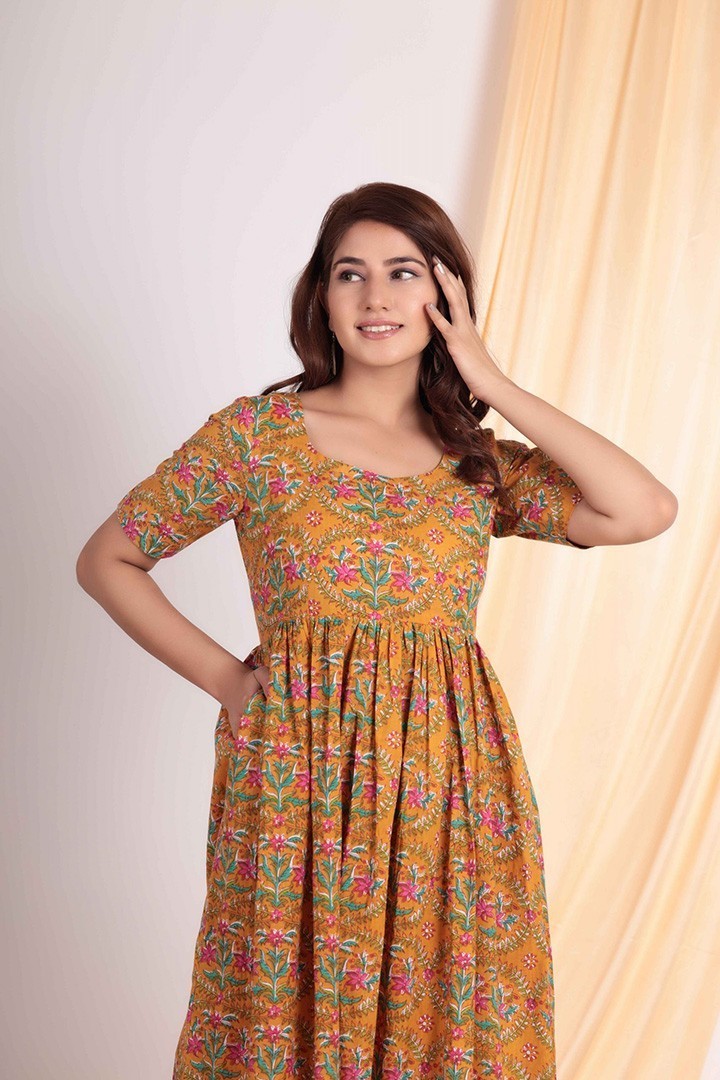 MUSTARD COTTON PRINTED DRESS