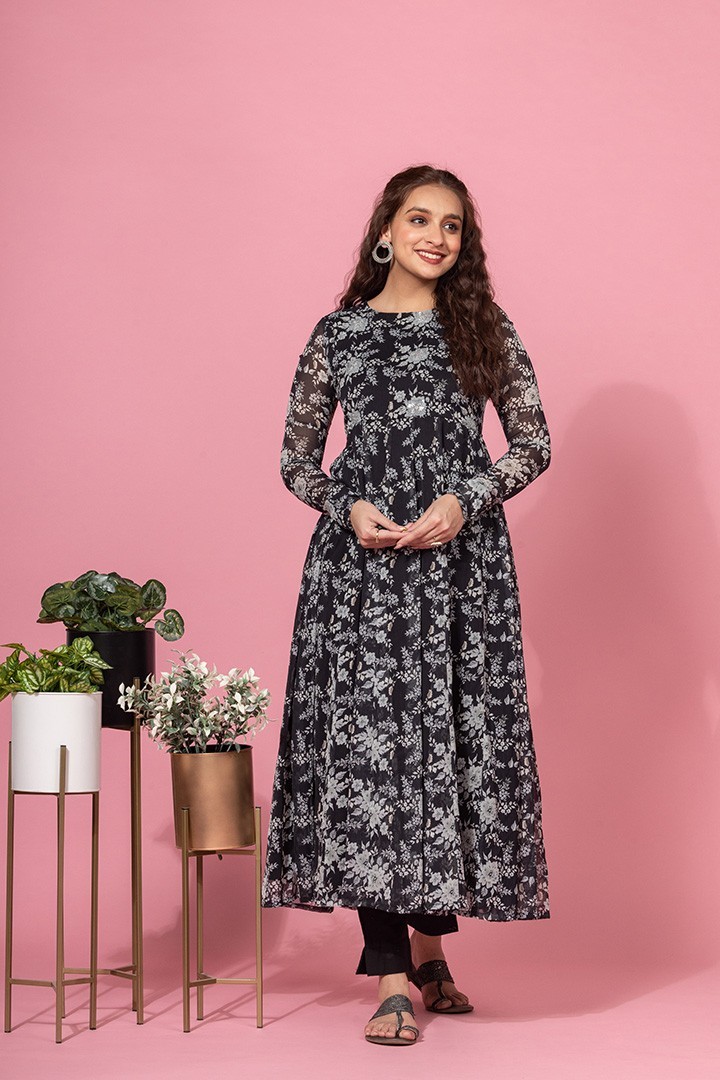 BLACK PRINTED GEORGETTE ANARKALI SET