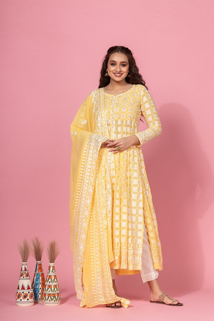 YELLOW EMBROIDERED INDO WESTERN SET