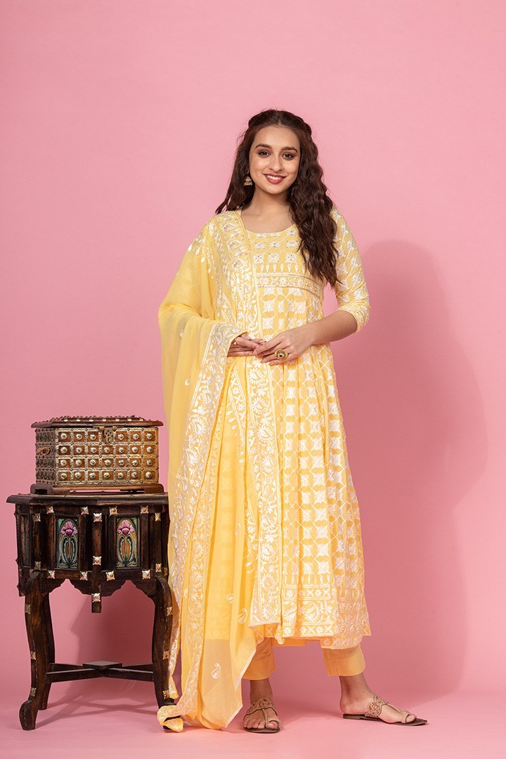 GEORGETTE YELLOW EMBROIDERED ANARKALI SET