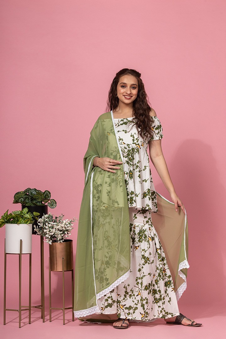 FLORAL PRINTED WHITE KURTA SHARARA SET