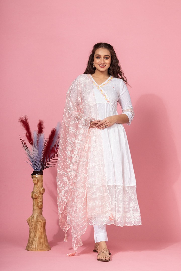 COTTON WHITE HAND CRAFTED ANGARAKHA ANARKALI SET