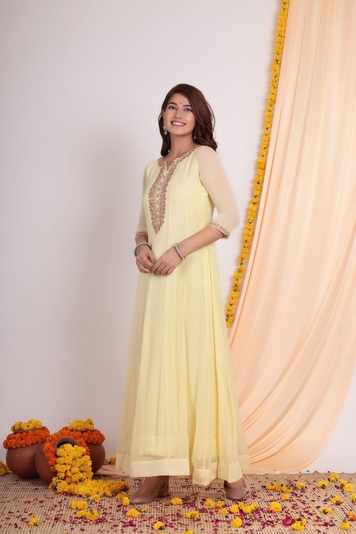 SOFT LEMON KUNDAN WORK ANARKALI GOWN