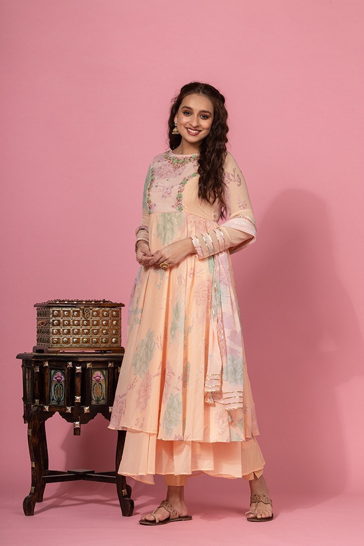 PEACH PRINTED ANARKALI SET