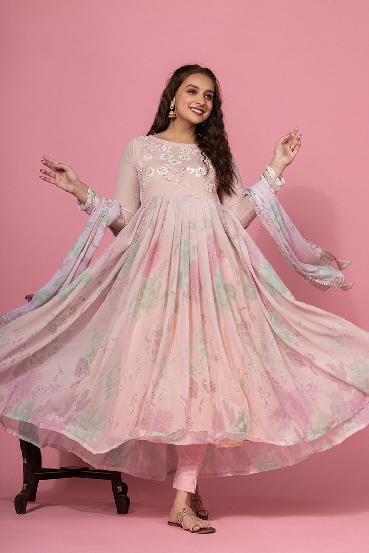 PINK EMBROIDERED PRINTED ANARKALI SET