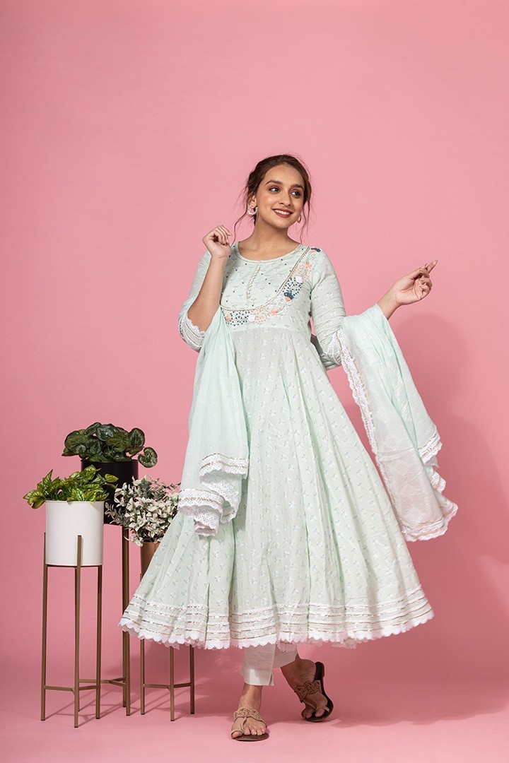 PASTEL GREEN SEQUINED COTTON ANARKALI SET