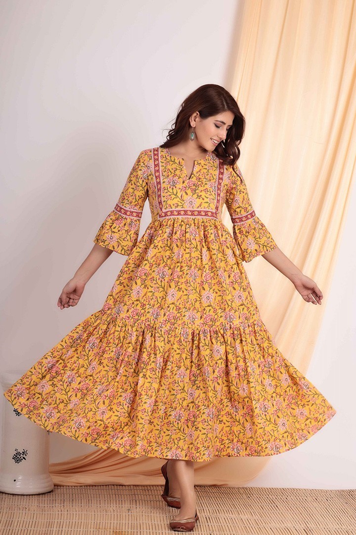 YELLOW RED COTTON PRINTED DRESS