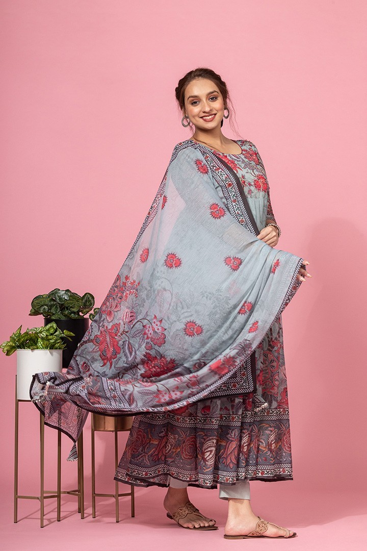 GREY PRINTED ANARKALI SET