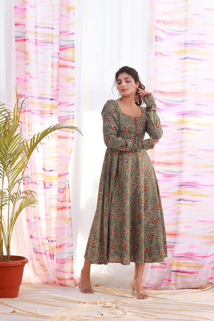 OLIVE FLORAL ANARKALI DRESS